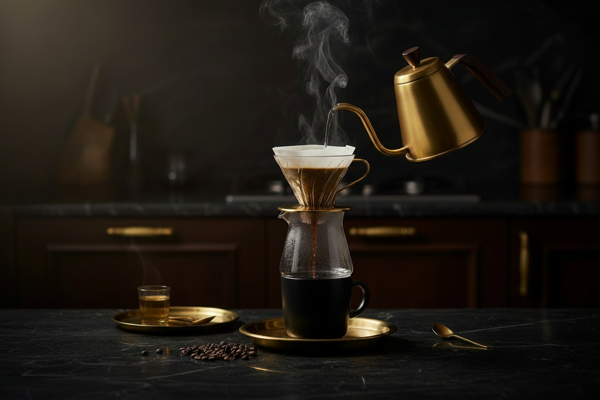 Close-up of a manual coffee grinder grinding fresh beans for home brewing